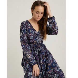 Lucky Brand Cottagecore Floral Long Sleeve Tie Waist Purple Pink Dress XS